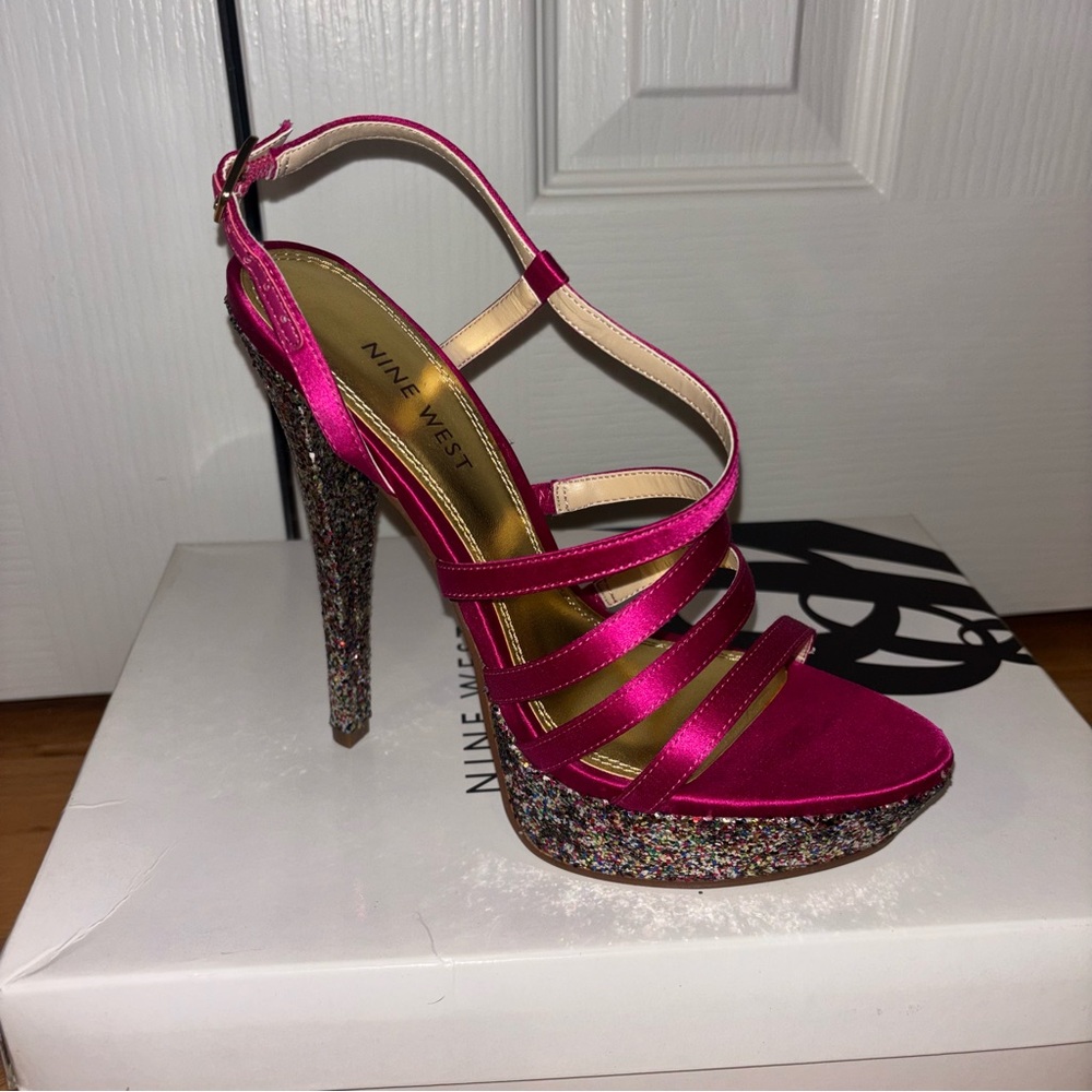 Nine West Pink Strappy Glitter Heels NEW